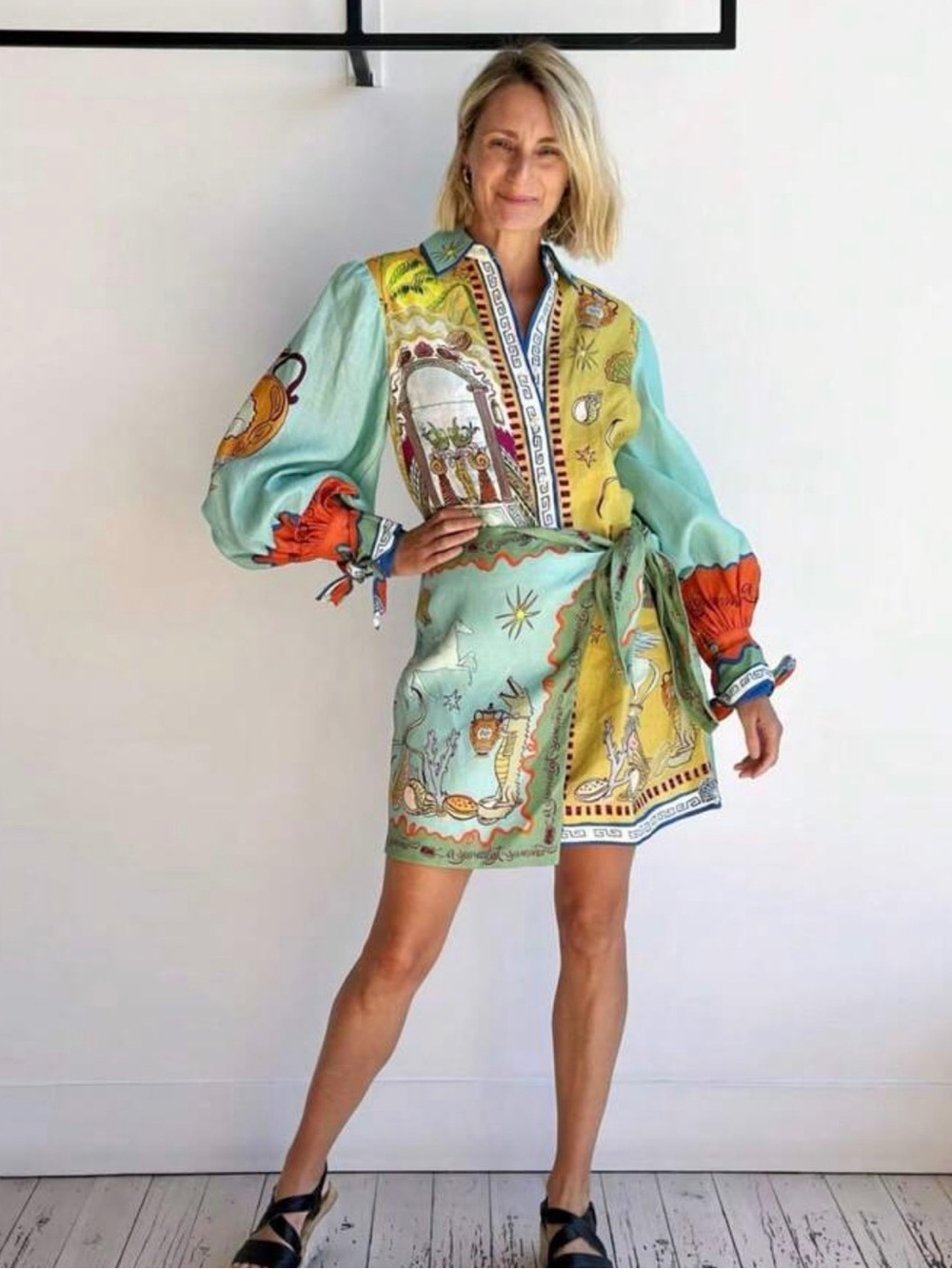 Printed Wrap Dress in Mint, Mustard & Orange- Size Med- NWT - Picture 3 of 4